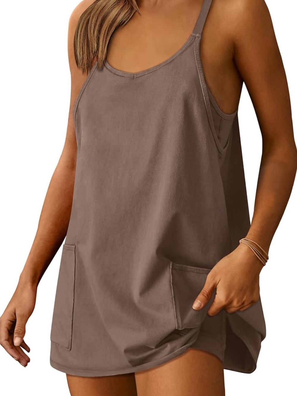 Women's Brown Pocket Tank Dress Romper by ANRABESS